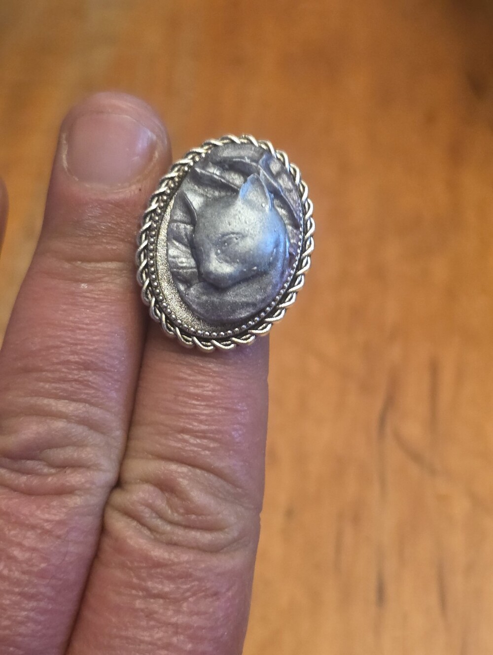 Resin Cat Ring In Silver Tone Bezel, Adjustable Ring